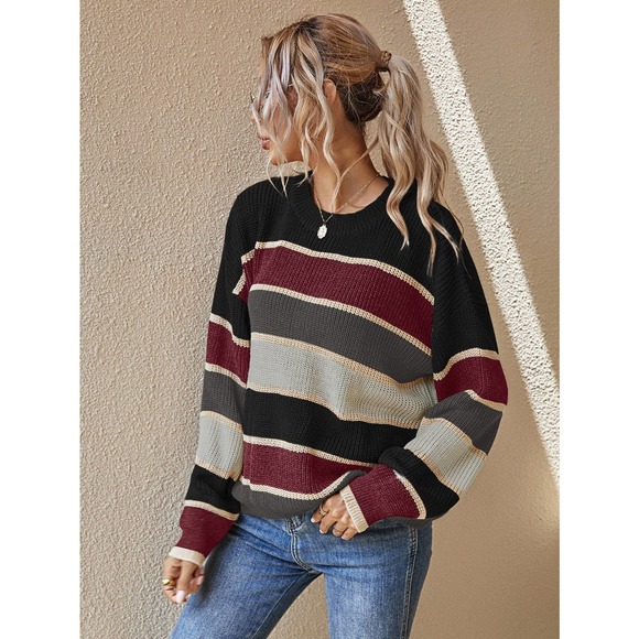 Striped stripe soft knit Oversized Sweater fall tan gray green cream tan - Picture 7 of 8